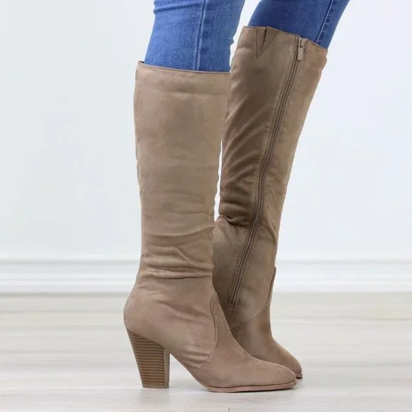 Tan Block Heeled Boots Below The Knee Faux Suede Pointed Toe Womens - Picture 3 of 14